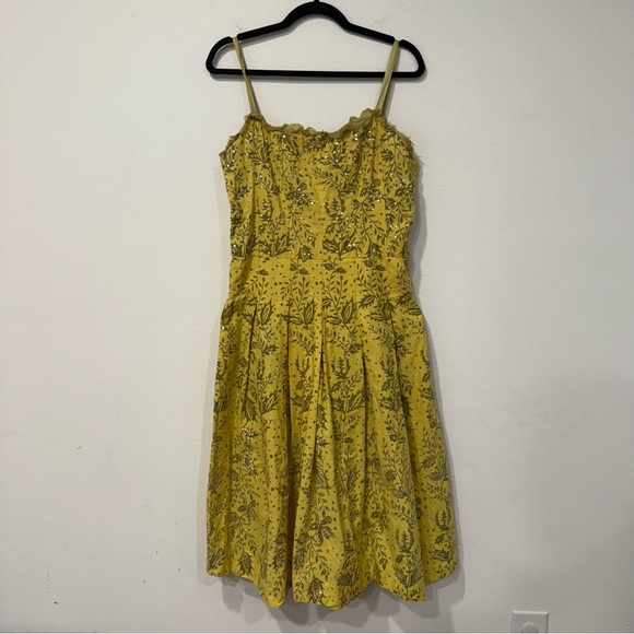 Yoana Baraschi Vintage Yellow Sequin Leafy Print Sleeveless Knee Length Dress 12 - Picture 1 of 7